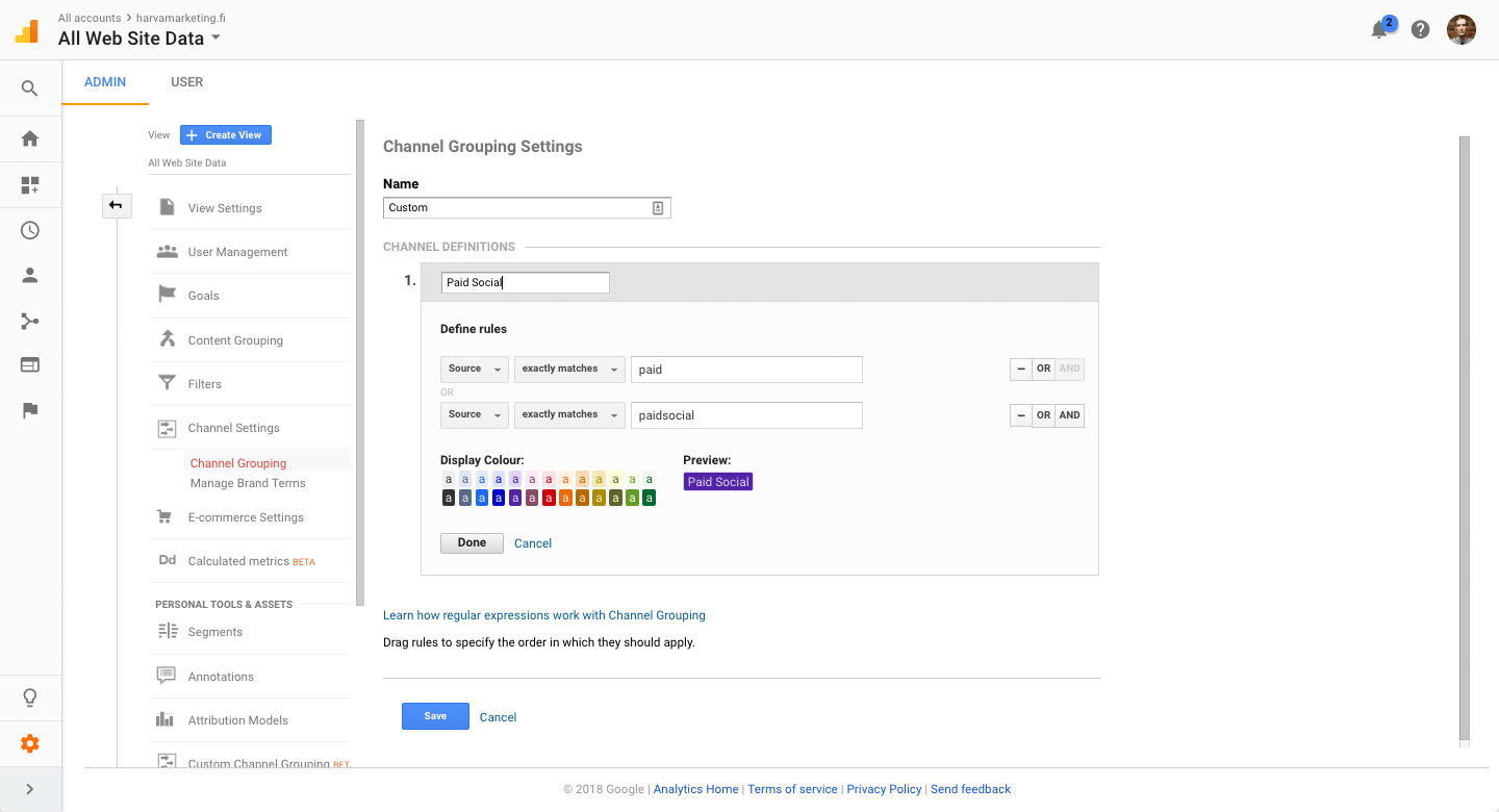 Uuden kanavaryhmän luominen Google Analyticsissa